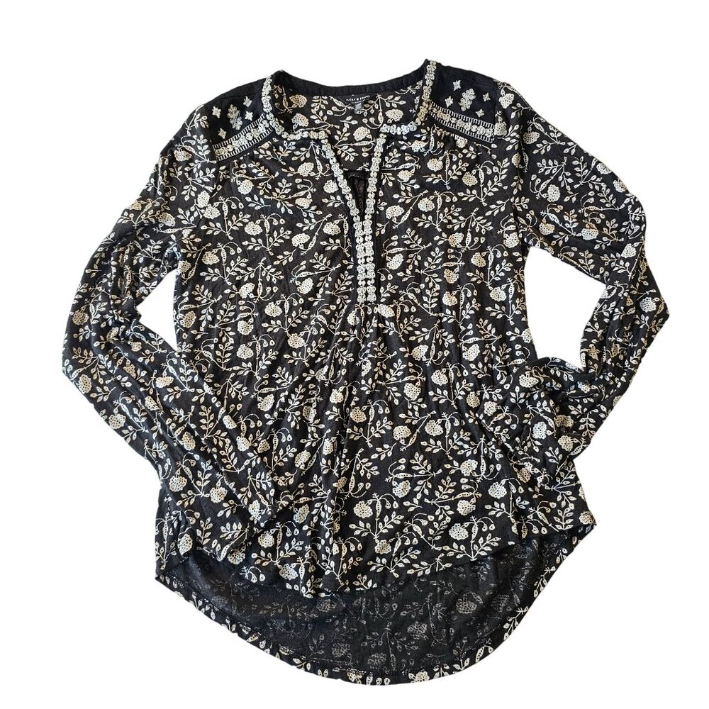 Lucky Brand Black White Women's Tunic Long Sleeved Top embroidery V Neck size M